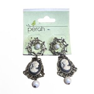 Perch Vintage-Inspired Silver and Black Cameo Earrings